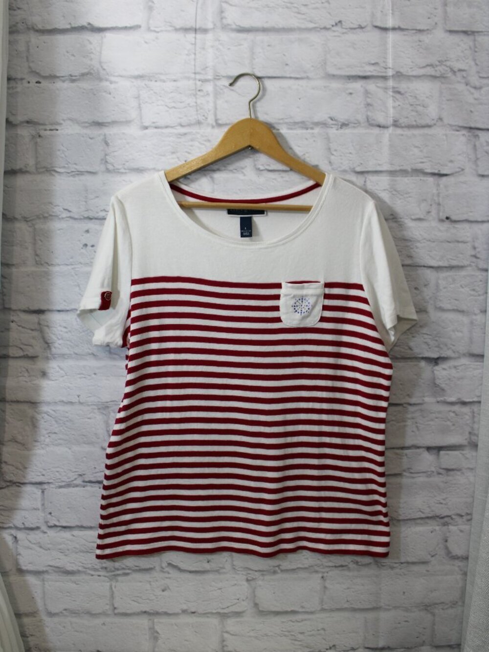 Karen Scotton Large Red Stripe Holiday 4th of July Summer Casual Cotton T-Shirt